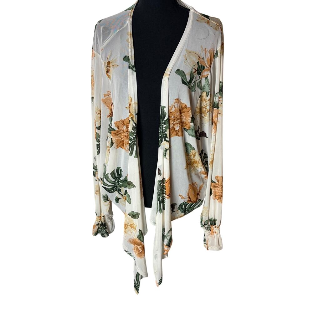 Ember NWT Tropical Floral Mesh Kimono Cardigan Medium Sheer Open Front Boho FLAW
